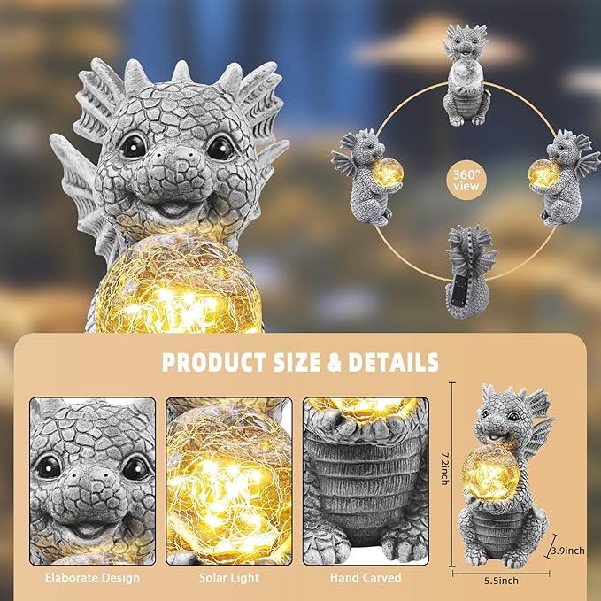 Solar Garden Outdoor Statues 7.2" Resin Dragon Statues Holding Magic Ball with Solar Lights,Lawn Decor for Patio, Balcony, Yard Ornament,Unique Gifts for Mom Grandma Housewarming