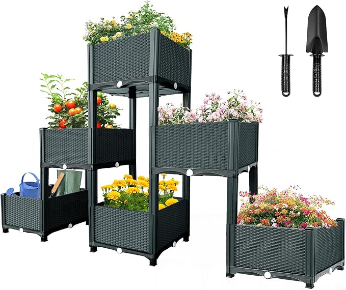 MAYOLIAH Garden Raised Bed Kit, 6 Elevated Planter Boxes with Drainage Holes, Taller Plastic Garden Bed for Vegetables Herbs Flowers Fruits Planting in Front Porch Yard Patio Balcony, Grey