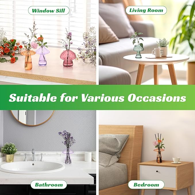 Mushroom Glass Vases for Indoor Plants, Set of 6 Colored Plant Propagation Stations, Mini Terrarium for Plants,Unique Small Hydroponic Pots for Flowers, Cute Decor Vase Gifts for Women