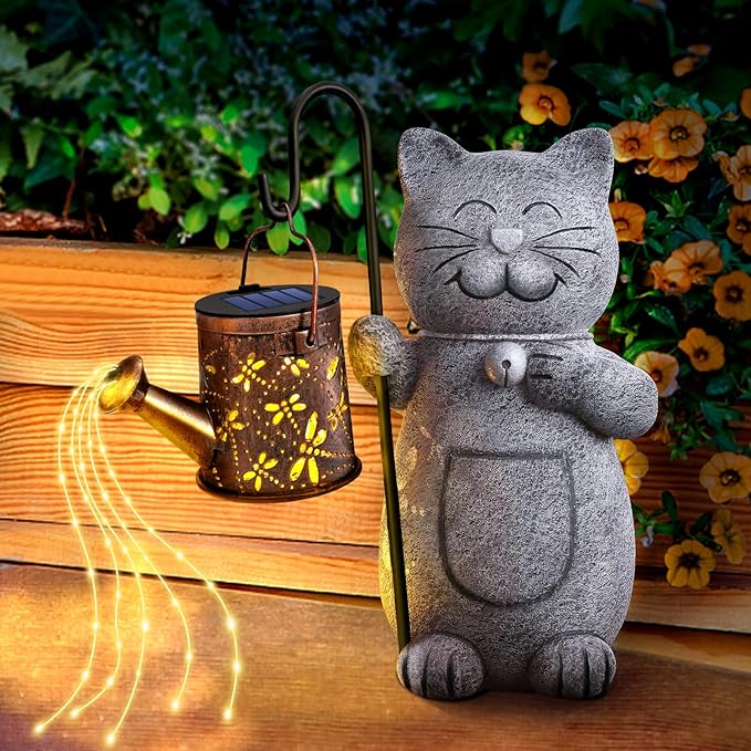 Mothers Day Mom Gifts for Mom, Solar Garden Outdoor Statues Cat with Kettle Light, Birthday Mom Gifts for Her Women Grandma, Cat Lovers Gifts for Women, Gardening Gifts House Warming Gifts New Home