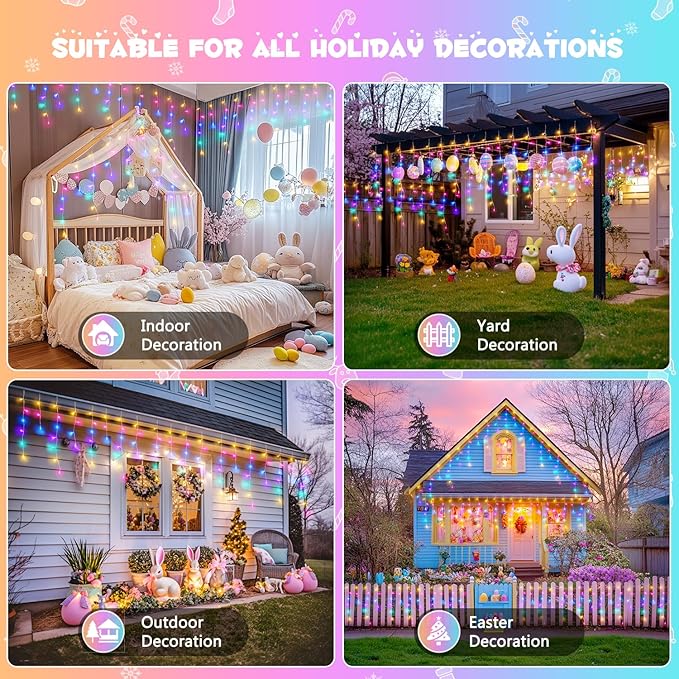 JMEXSUSS 400 LED 38.8 FT Easter Lights String Outdoor, Connectable Pastel Icicle Lights Indoor Outdoor for Easter Spring House Garden Party Decorations