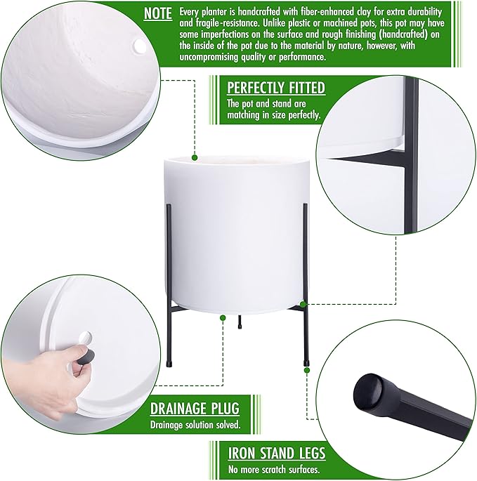 D'vine Dev Modern White Plants Pot Cylinder Planter with Heavy Duty Stand, XX-Large 16 Inch Pot, 22.8 Inch with Stand Height, 96-T-A-5