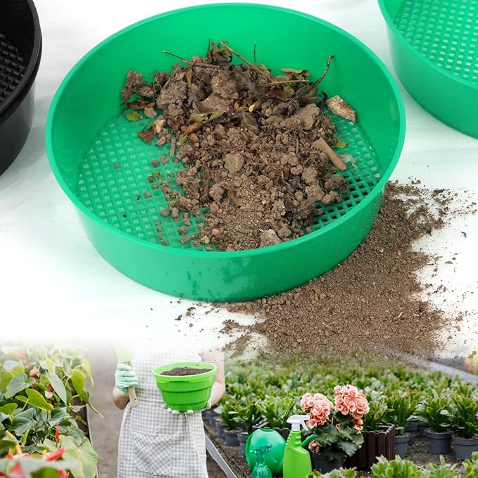 Gardening Sand Soil Compost Sifter,4 Pack Rock Garden Sieve Soil Sifter, Round Plastic Soil Sifting Pan Sand Sifter Set for Home Plant Gardening Sieve Work of Small Gravel, Soil, Sand