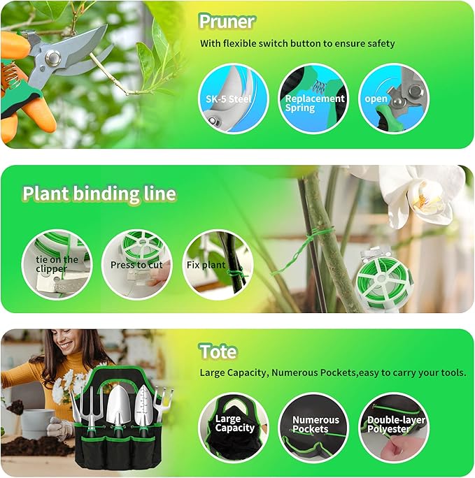 Garden Tool Set, 10 Pieces Heavy Duty Gardening Tools Kit with Plant Grow Bags and Garden Tote Bag for Tools, Gardening Gifts for Women and Men,No-Rust,No-Bend
