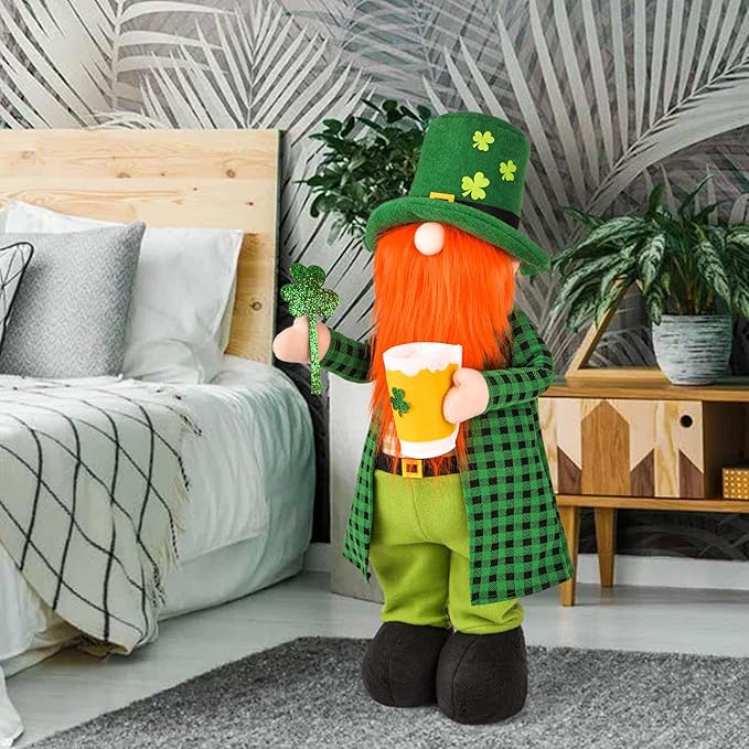 Large St Patricks Day Gnome Plush Decorations Outdoor, Cute Standing Saint Patricks Day Gnomes Gift Decor with Retractable Spring Legs, Placed Outside Yard/Porch/Garden/Indoor/Home/Office