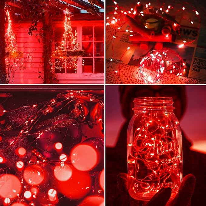 QITONG 4 Pack Red Solar Fairy Lights, Each 33ft 100 LED String Light Outdoor Waterproof, 8 Modes Silver Wire Red Outdoor Lights