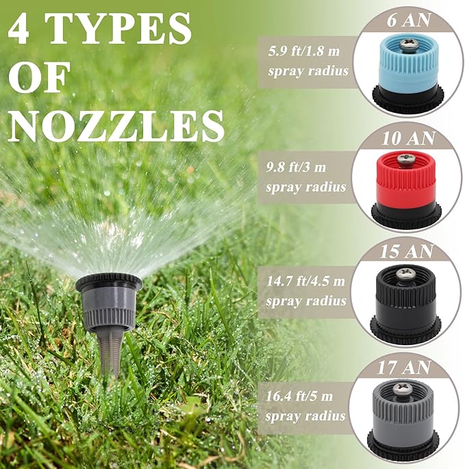 16Pcs Variable Arc Nozzle Replacement Pop Up Sprinkler Heads for Hunter, RainBird, Adjustable Irrigation Nozzle High Efficiency Orbit Pop-Up Sprinkler Heads for Garden Lawn (6AN, 10AN, 15AN, 17AN)