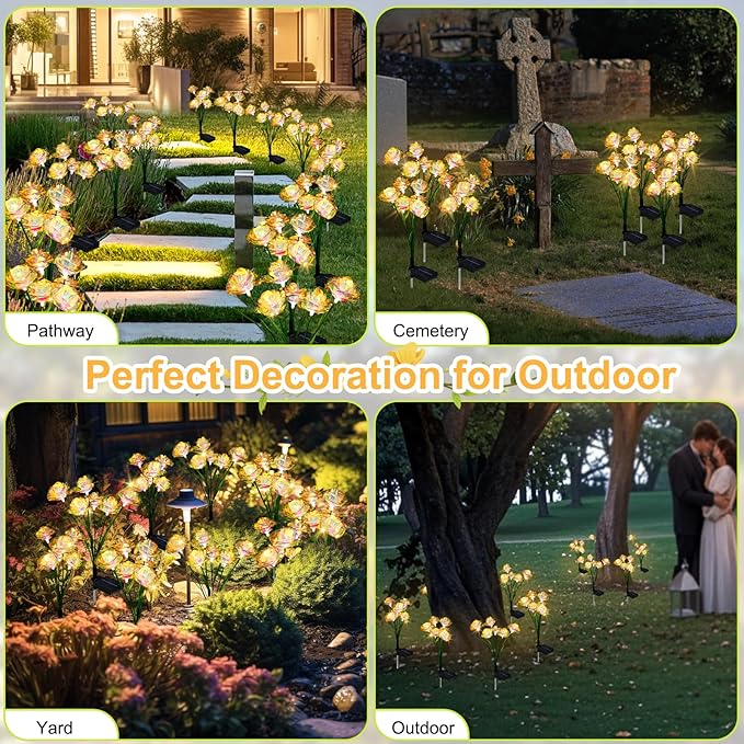 Solar Garden Lights Outdoor, 4 Pack 24-Head Artificial Flowers Solar Lights, IP65 Waterproof Garden Decoration for Yard Patio Path Cemetery Grave, Gifts for Mom Women Bithday Mother's Day-Auto ON/Off