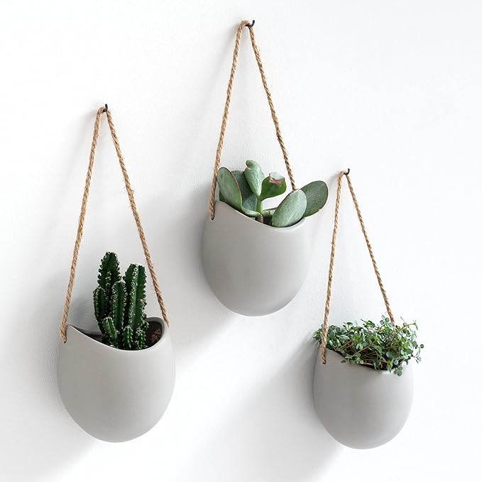 Wall Planters -Ellie- | Hanging Ceramic Plant Pots 3 Pieces | Wall Decoration for Indoors, Balcony and Garden | Light Grey (Matte)
