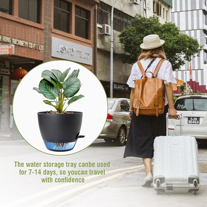 8 inch Self Watering Pots, 2 Pack Plastic Planters with Mesh Drainage Holes for Garden Plants and Flower, Plants Pots with Deep Reservoir for Indoor Outdoor Plants, Black