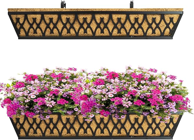 2 Pack 30 Inch Window Boxes Planters Railing Planter Box with Adjustable Brackets for Porch Fence Patio Balcony Hanging Flower Baskets with Coco Liners for Outdoor Garden Decor - Black