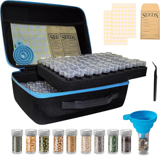 140 Slots Seed Storage Organizer Box with 20 Seed Envelopes, Large Capacity Seed Storage Container with Zipper Bag, Label Stickers, Tweezers, Funnel, Garden Seeds Saver Kit for Vegetable, Flower
