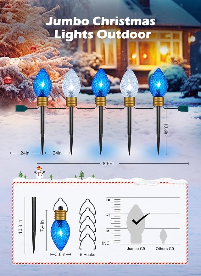 Strawberry Jumbo C9 Christmas Pathway Lights Outdoor -8.5 Feet 5 LED Jumbo C9 Walkway Lights, Multicolor Bulb Christmas Lights Outdoor Decorations for Yard Holiday, Blue & Pure White