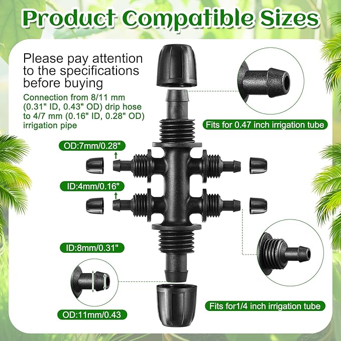 60 Pcs Tubing Irrigation Fittings for 8/11mm Drip Tubing to 4/7mm Irrigation Tubing Drip Irrigation Parts Anti Drop Irrigation Hose Fittings (3 Way, 4 Way and 6 Way Connector)