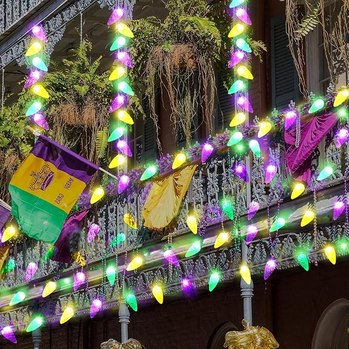 Solar Mardi Gras Lights - Yellow Green Purple Decor, 50 LEDs 8 Modes Waterproof Outdoor C6 Strawberry Garden for Camping, Holiday, Arbor, Fence, Balcony Decorations