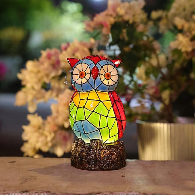 Solar Owl Garden Statues,Owl Decor for Outdoor,Resin Colorful Owls Figurine with Solar Light for Patio,Balcony,Yard,Lawn Ornament,Perfect Garden Gift