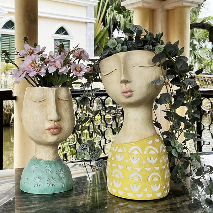DiliComing Head Planter Face Planter Pots - 8 Inch Indoor Flower Planter Outdoor Planter Succulent Pot Girl Resin Planter with Drainage Hole Planters for Indoor Plants
