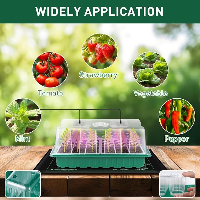 Verdenu Seed Starter Tray with Grow Lights and Heat Mat, Extra Large 24-Cell Seed Growing Tray with heightened Lid, Seed Trays with Humidity Domes for Propagation and Germination for Indoor Plants