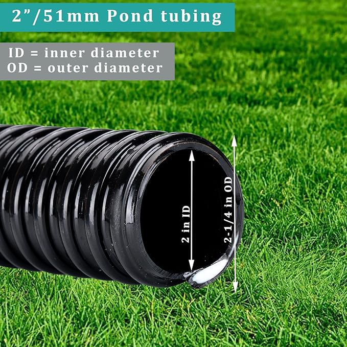 Pond Tubing ID 2” × 20ft Black Corrugated Flexible Reinforced Waterfall Pond Tube Sump Pump Hose, Non-toxic & Kinkproof (20 ft, 2" ID)