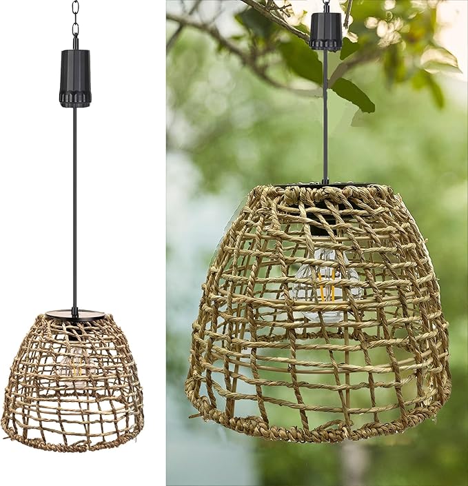 Larekook 6 Hours Timer Battery Operated Outdoor Hanging Light Seagrass Woven Waterproof Porch Gazebo Patio Pendant Lantern Chandelier Lighting Decorative Hollow-Out Auto On/Off Warm White Bulb
