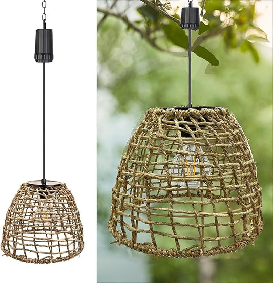 Larekook 6 Hours Timer Battery Operated Outdoor Hanging Light Seagrass Woven Waterproof Porch Gazebo Patio Pendant Lantern Chandelier Lighting Decorative Hollow-Out Auto On/Off Warm White Bulb