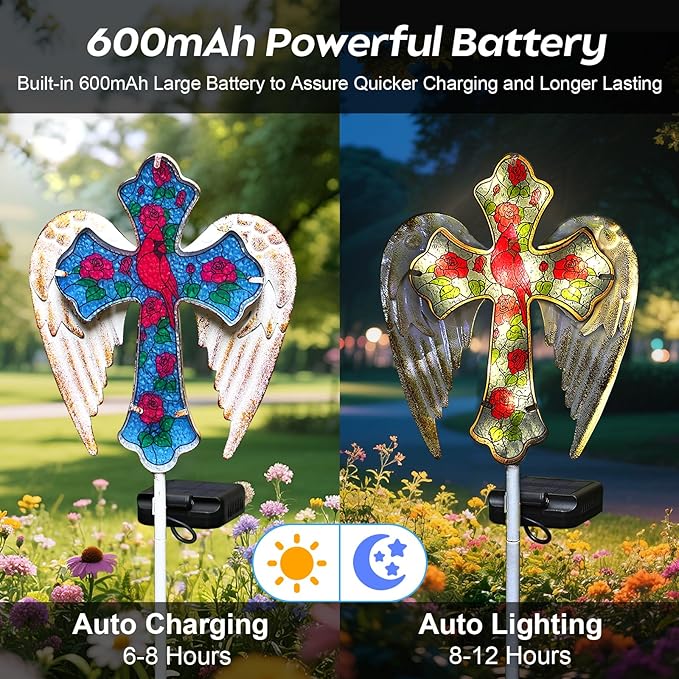 Solar Cross Garden Lights, Solar Cardinal Stake Lights Cemetery Decorations for Grave, Jesus Cross Sympathy Memorial Gifts for Mother Grandma, Glass Garden Art for Yard Lawn Patio Decor
