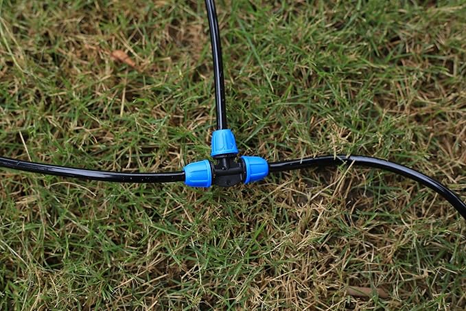 1/4 inch Drip Irrigation Fittings, Lock Barbed Tee for ¼ in. Tubing; Tubing Outside Diameter (OD) is 0.250 in., Internal Diameter (ID) is 0.170. in.(25Pcs/Pack) (Blue-3Way)