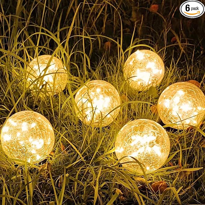 Solar Garden Lights Outdoor Waterproof, 6 Pack LEDs Cracked Glass Ball Light, Ground Landscape Garden Decor, Solar Globe Decorative for Pathway/Patio/Lawn/Yard (Warm White, 3.9")