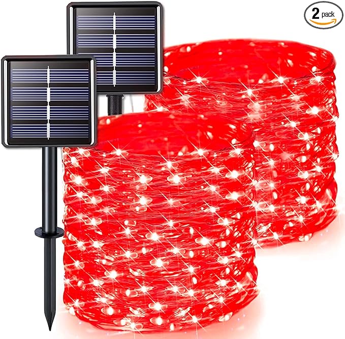 JMEXSUSS 66ft 200 LED Red Solar Halloween Lights, 2 Pack Solar Fairy Lights Outdoor Waterproof, 8 Modes Solar String Lights for Outside Garden Christmas Tree Party Halloween Decorations
