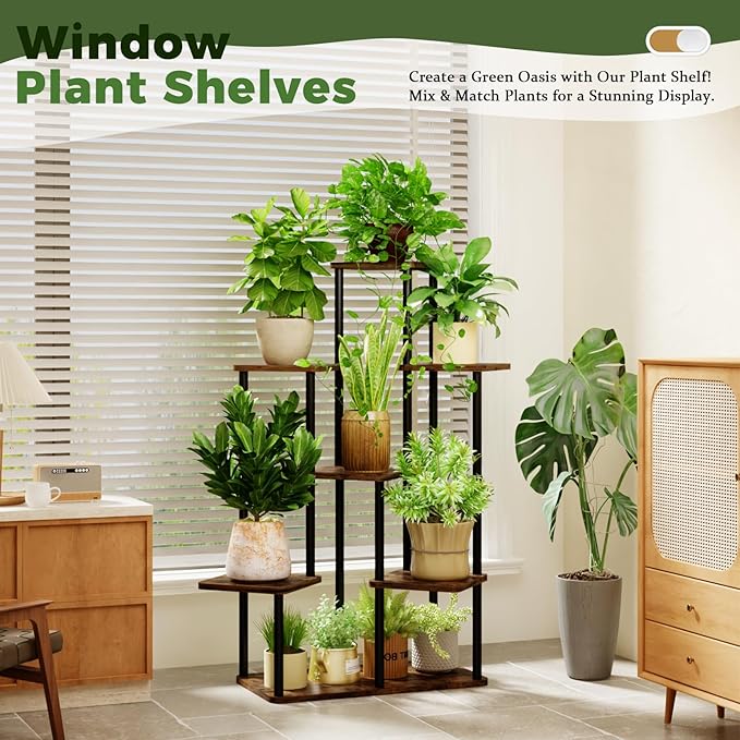 7 Tiered Plant Stand Indoor Corner Plant Shelf for Multiple Plants for Patio Garden Balcony Living Room Bedroom, Tall Metal Flower Pots Stand Relaxing for Women Gift Brown Oak