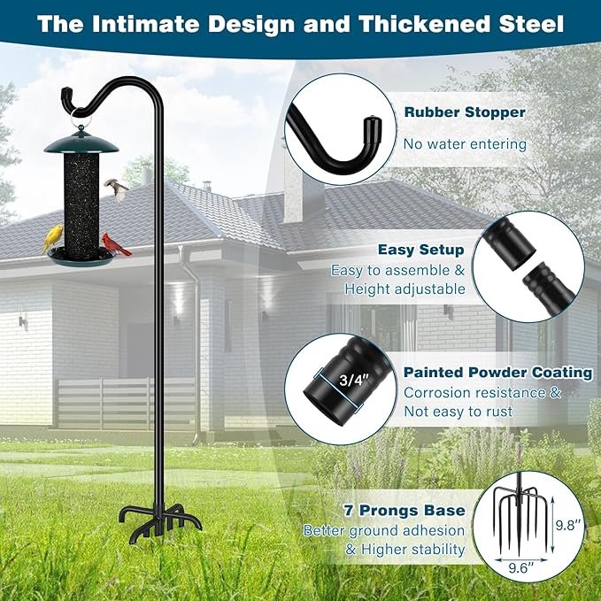 Gtongoko Shepherds Hook for Outdoor, 92 Inch Bird Feeder Pole with 7 Prongs Base, 3/4 Inch Thick Heavy Duty Adjustable Garden Hook for Hanging Plant, Hummingbird Feeder, Lantern, 1 Pack