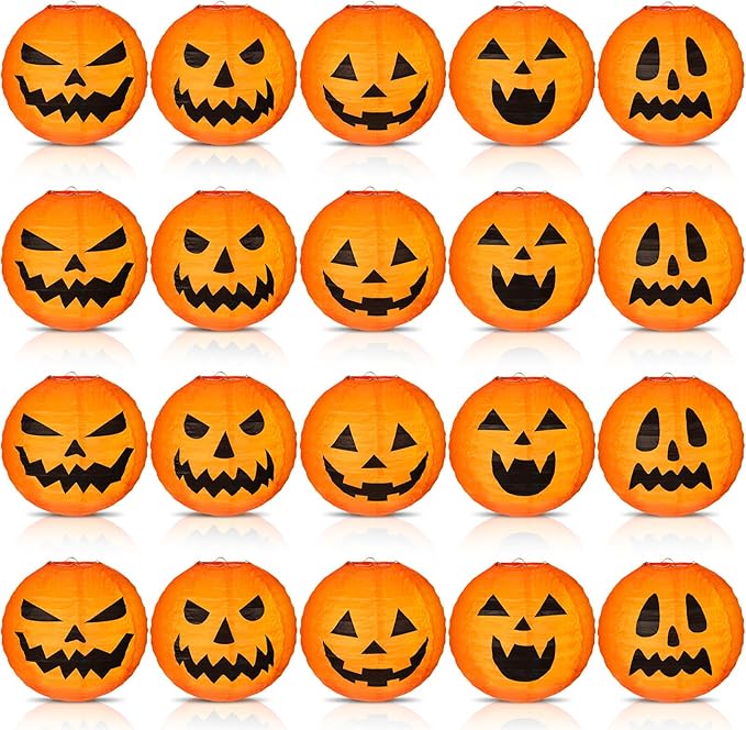 Retisee 20 Pcs 8 Inch Halloween Pumpkin Paper Lantern Halloween Jack O Lantern Paper Lantern Orange Pumpkin Lantern for Halloween Party Halloween Pumpkin Hanging Paper Lantern for Indoor Outdoor Decor