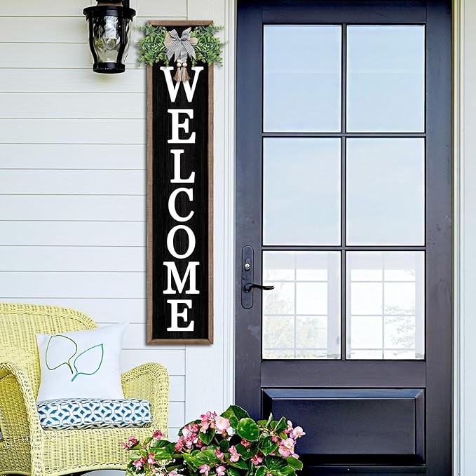 Surfapans Welcome Sign for Front porch Standing 45"X9"Large Wood Frame Outdoor Tall Welcome Signs Vertical Decor for Farmhouse Rustic Home Modern Outside Front Door Wall Decorations (Wood Black)