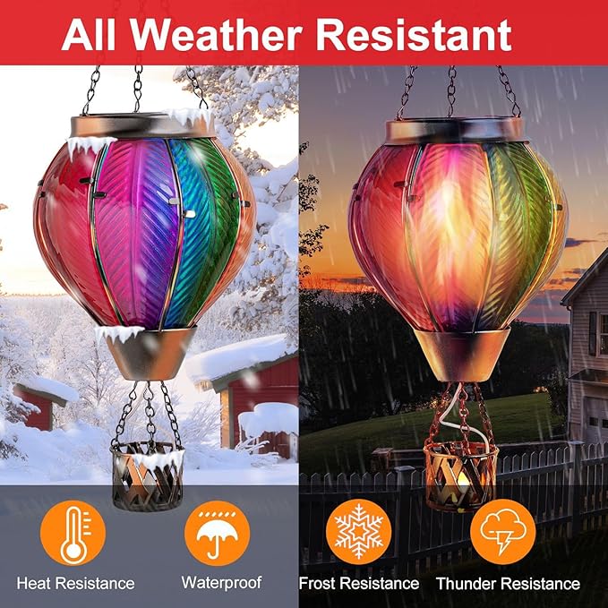 pearlstar Hot Air Balloon Solar Lantern with Flickering Flame Light Outdoor Solar Hanging Lights Waterproof for Garden Yard Farmhouse Patio Pathway Outside Decoration,Glass, Multicolor