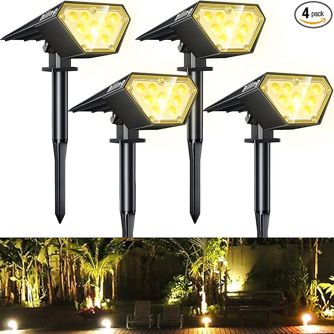 Biling Solar Spot Lights Outdoor, Bright 700 Lumen IP67 Waterproof Adjustable Solar Landscape Spotlights for House Tree Patio Pathway Yard Garden Driveway - Warm White(4 Pack)