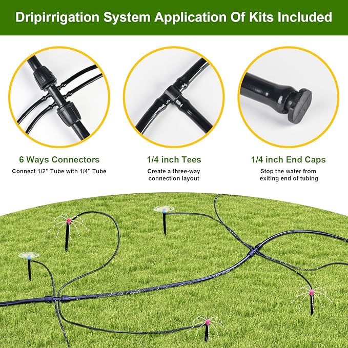100FT 1/4 Inch Drip Irrigation Tubing, Distribution Hose Tube Kit Includes 2pcs 6-Way Connectors & 20pcs 1/4" Tee Splitters and End Plugs for Garden DIY Water-Saving Drip Irrigation System