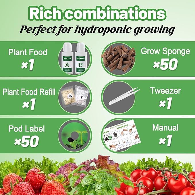 50pcs Hydroponic Grow Sponges for Aerogarden - Seed Sprout Pods Kit with Plant Food, Compatible with Most Indoor Hydroponics Plants Growing System