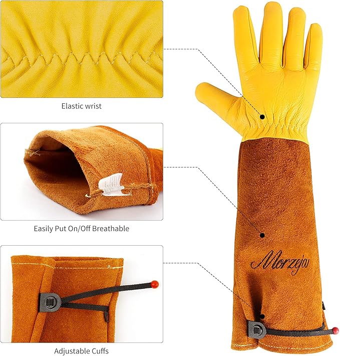 Long Gardening Gloves for Women & Men, Rose Pruning Gloves Thorn Proof, Adjustable Cuff, Breathable Leather Cowhide Garden Gloves, Garden Tools for Gardener,Yard Work, Cactus,Rose, Blackberry(Small)
