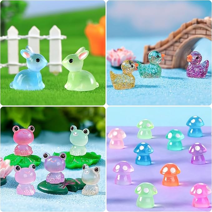 122Pcs Luminous Mini Resin Animal Figurines Glow in The Dark Cute Rabbits Frogs Mushrooms Glitter Ducks 4 Combination Miniature Figurines Set for Office Garden Decoration Aquarium Home Party Decor
