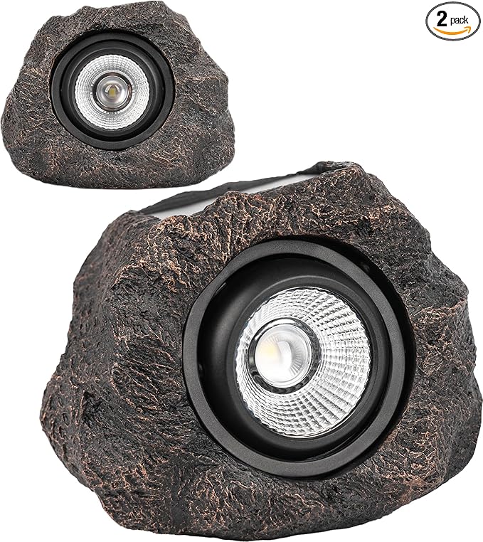 Solar Rock Lights, 2 Pack Outdoor Decorative Garden Spotlights for Pathway, Walkway, Yard, Landscape, Patio (Dark Brown)
