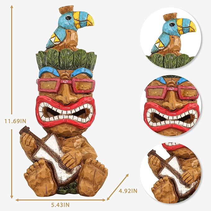 Solar Tiki Statue Decor-Outdoor Statues-Funny Guitar - Tiki Bird Tiki Bar Decorations 11.69 inch Tall for Outdoor Patio, Balcony, Yard, Backyard,Lawn,Tiki Gifts