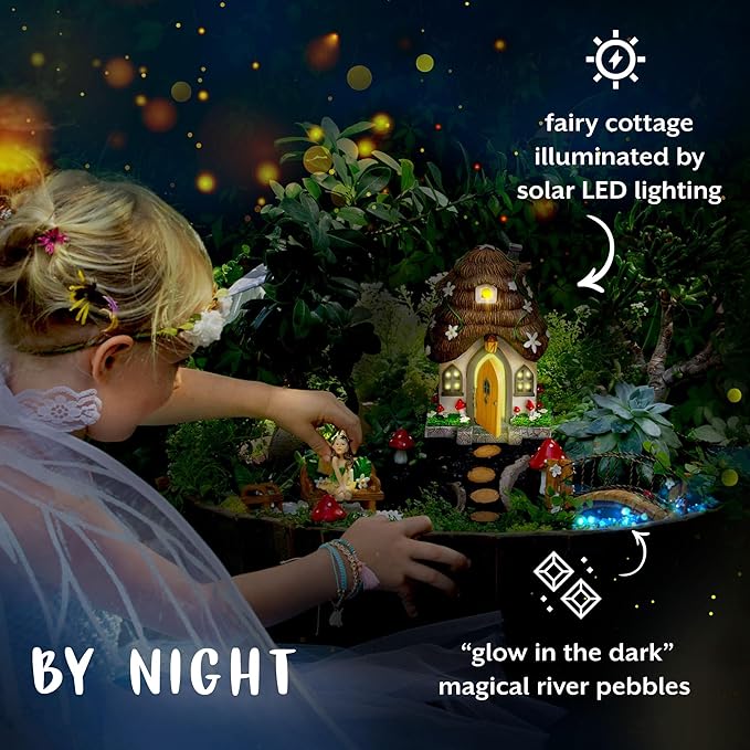 WILD PIXY Fairy Garden Kit - 13 Piece Glow in The Dark Fairy Garden Accessories, 7.1"" Outdoor Fairy House with Opening Door and Solar LED Light, Garden Door for Trees, Stones, Indoor/Outdoor Décor