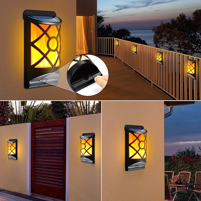 Solar Flame Lights Outdoor, Realistic 3D Flickering Flames with 66 Ultra-Bright LEDs - Waterproof Wall Mount Lanterns for Deck, Fence, Patio, Garden, Auto On/Off (4-Pack Value Set)