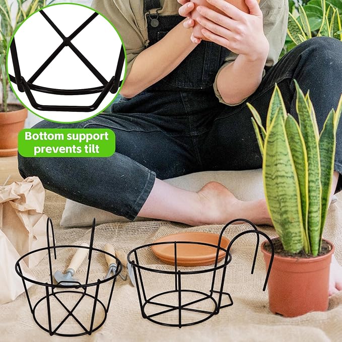 4 Pack Small Round Metal Hanging Railing Planters,Hanging Railing Planter Flower Pot Holder Basket Iron Art Rack Fence Shelf Container for Balcony,Garden,Indoor and Outdoor (Black)