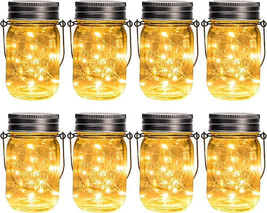 GIGALUMI Solar Mason Jar Lights, 8 Pack 30 Led String Fairy Lights Garden Lights Outdoor Waterproof Hanging Solar Lanterns for Outdoor, Garden, Patio, Lawn, Balcony Decoration
