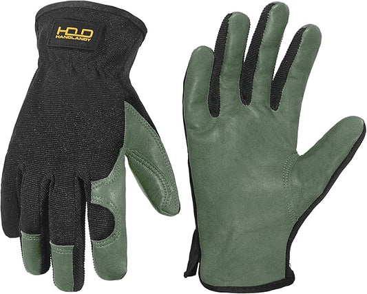 HANDLANDY Men Leather Gardening Gloves, Utility Work Gloves for Mechanics, Construction, Driver, Dexterity Breathable Design