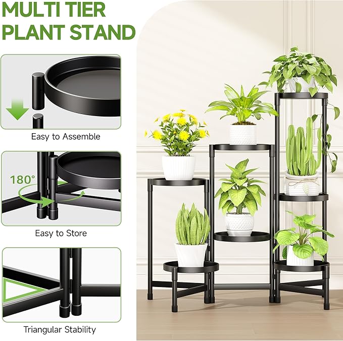 7-Tier Metal Plant Stand Indoor, Foldable Corner Plant Shelf Outdoor, Rotatable Tiered Flower Display Stand, Black Multiple Plants Holder for Patio Living Room Balcony Garden Home Decor