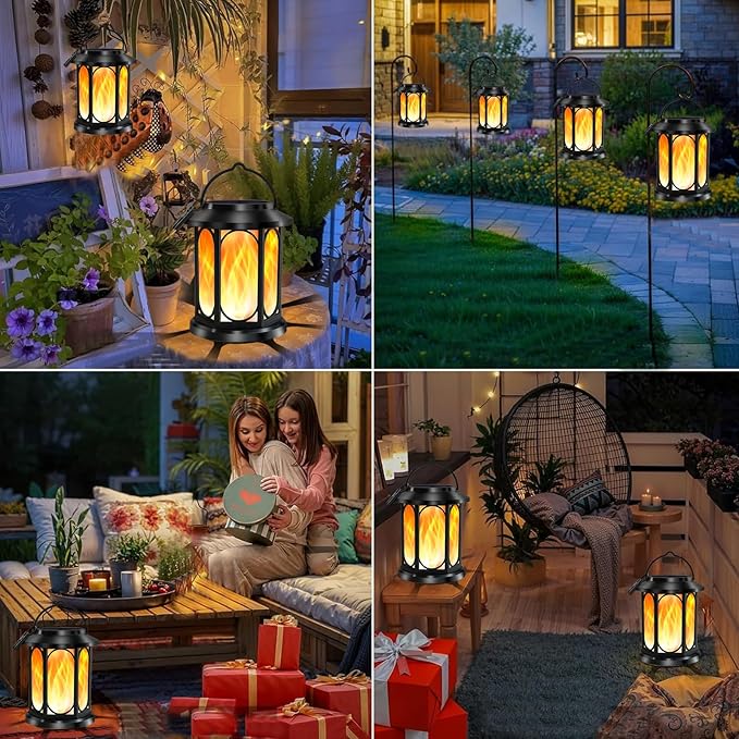 Solar Outdoor Lanterns Light Flickering Flame, Waterproof Outdoor Lanterns for Halloween Patio Garden Yard Deck Pathway, 4 Pack