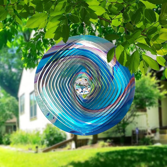 FONMY Mandala Wind Spinner w/Crystal Ball 3D Stainless Steel Hanging Wind Spinner Worth Gift Christmas Decoration Indoor/Outdoor Garden Décor Kinetic Yard Art 12 Inches Multi Blue Wind Sculpture