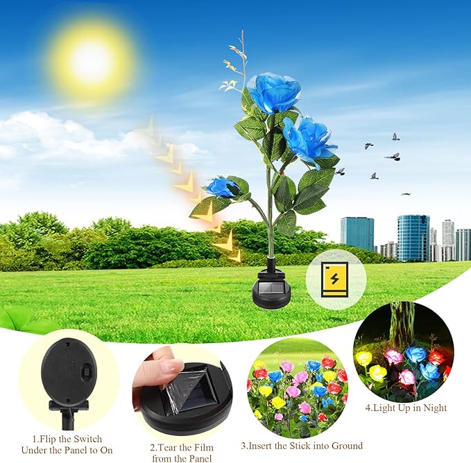8 Pcs Solar Rose Flower Lights Colorful LED Solar Flower Lights Realistic Outdoor Floral Lights Power Decorative Flower Lights for Garden Patio Yard Pathway Decoration